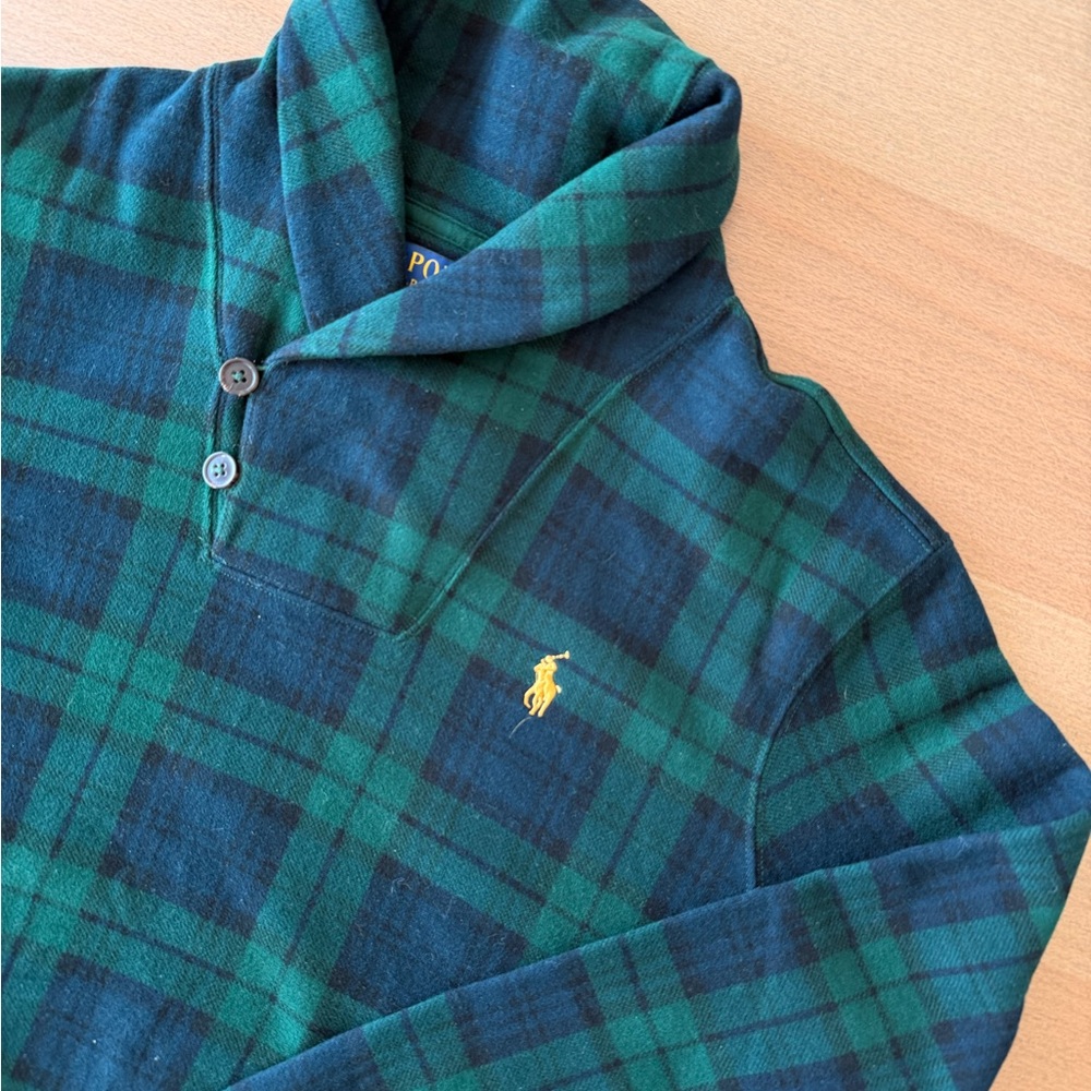 Ralph Lauren Classic Green and Navy Plaid Shawl-Collar Sweater with Yellow Pony
